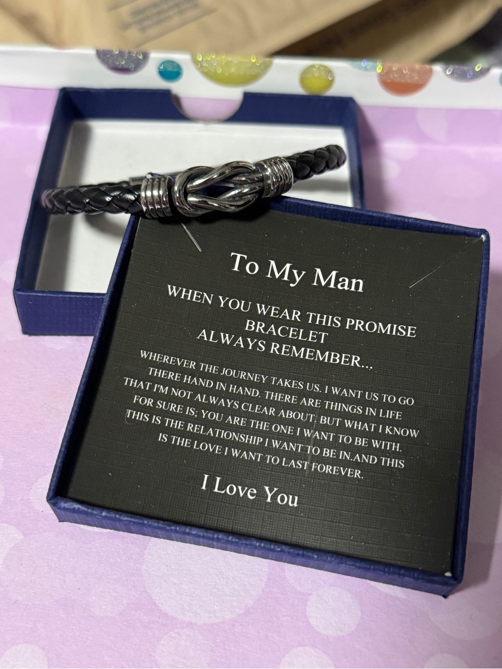 Black Braid & Gunmetal Knot Men’s “I Love You” Gift Bracelet New in Box